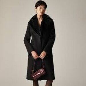 J. Crew Collection Savoy faux fur-trim topcoat, Italian wool-blend melton (NWOT)